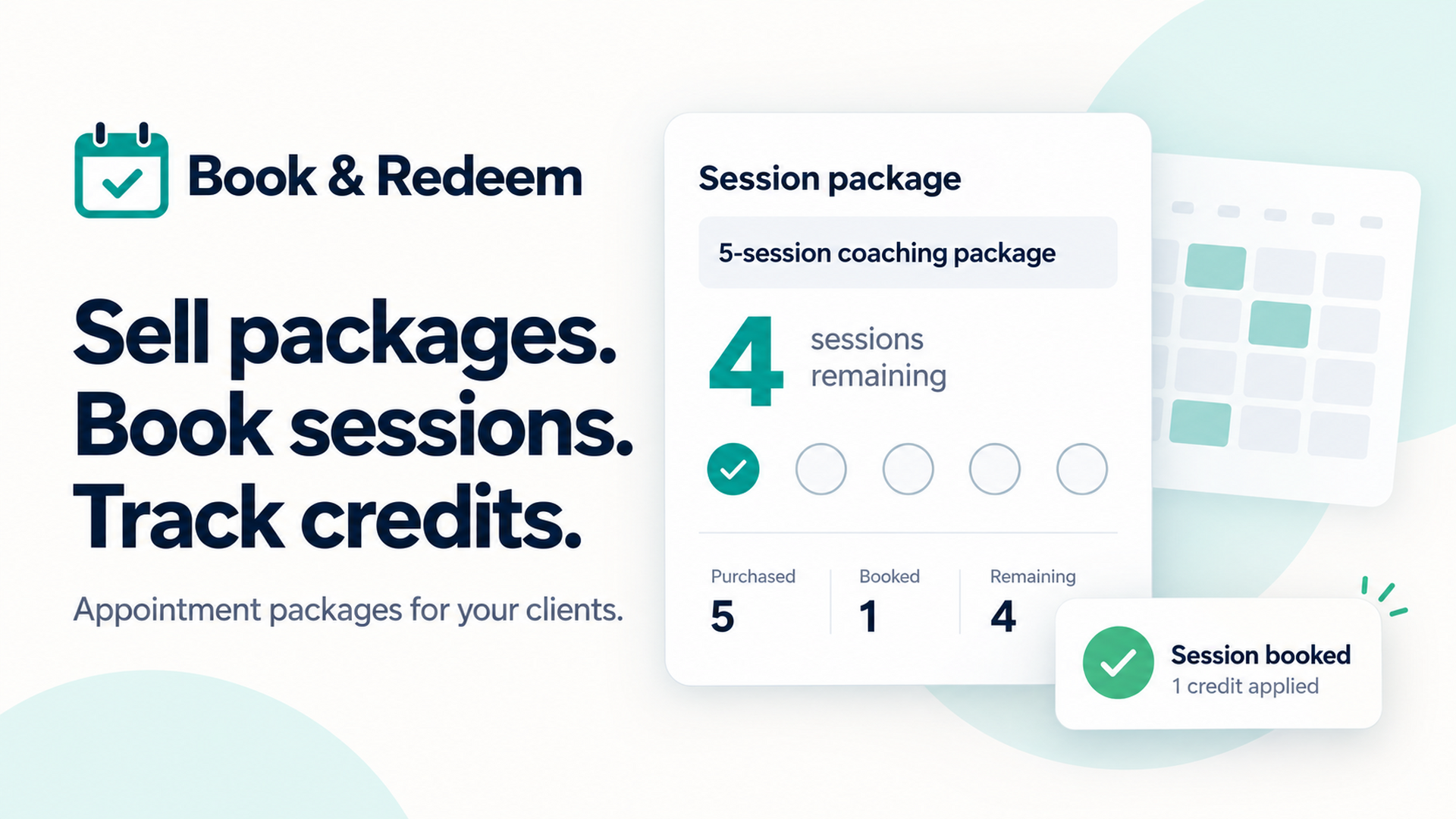 Book & Redeem illustration: five sessions purchased, one booked and four remaining.