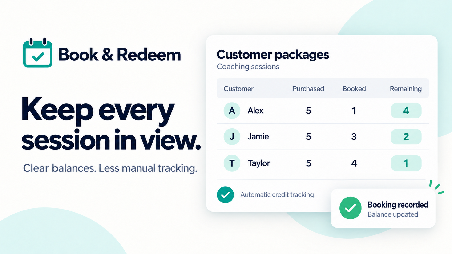 Illustration of a business viewing fictional customers’ purchased, booked and remaining sessions.